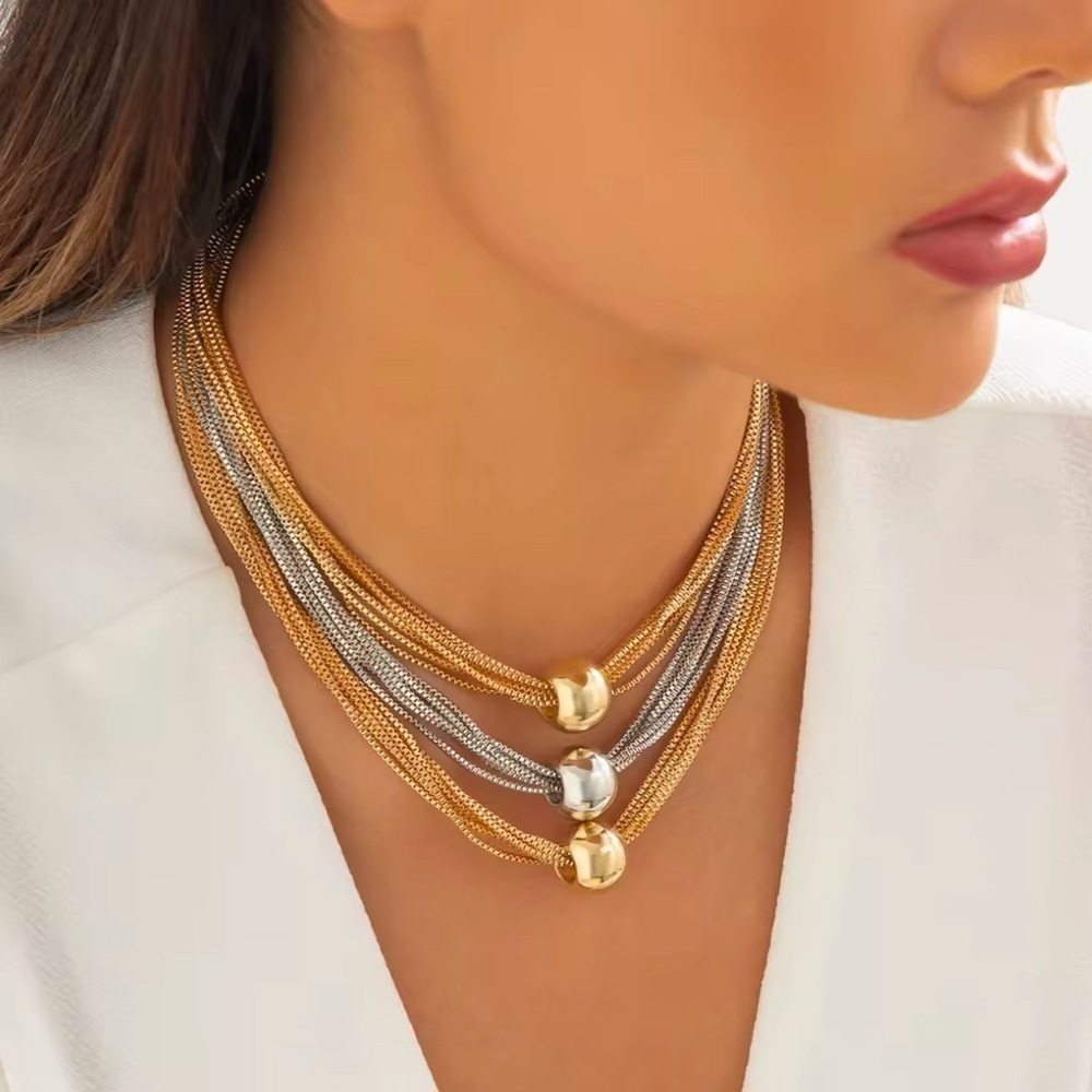 18K Gold & White Gold Two Tone Plated Chunky Thick Layered Big Beads Necklace - Picture 5 of 7